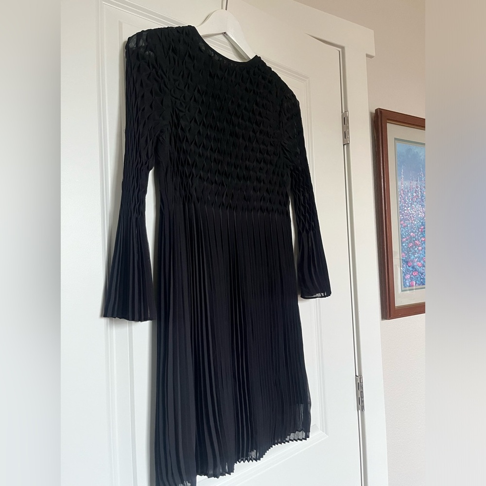 Topshop Black Diamond Pleated Black Dress with Bell Sleeves